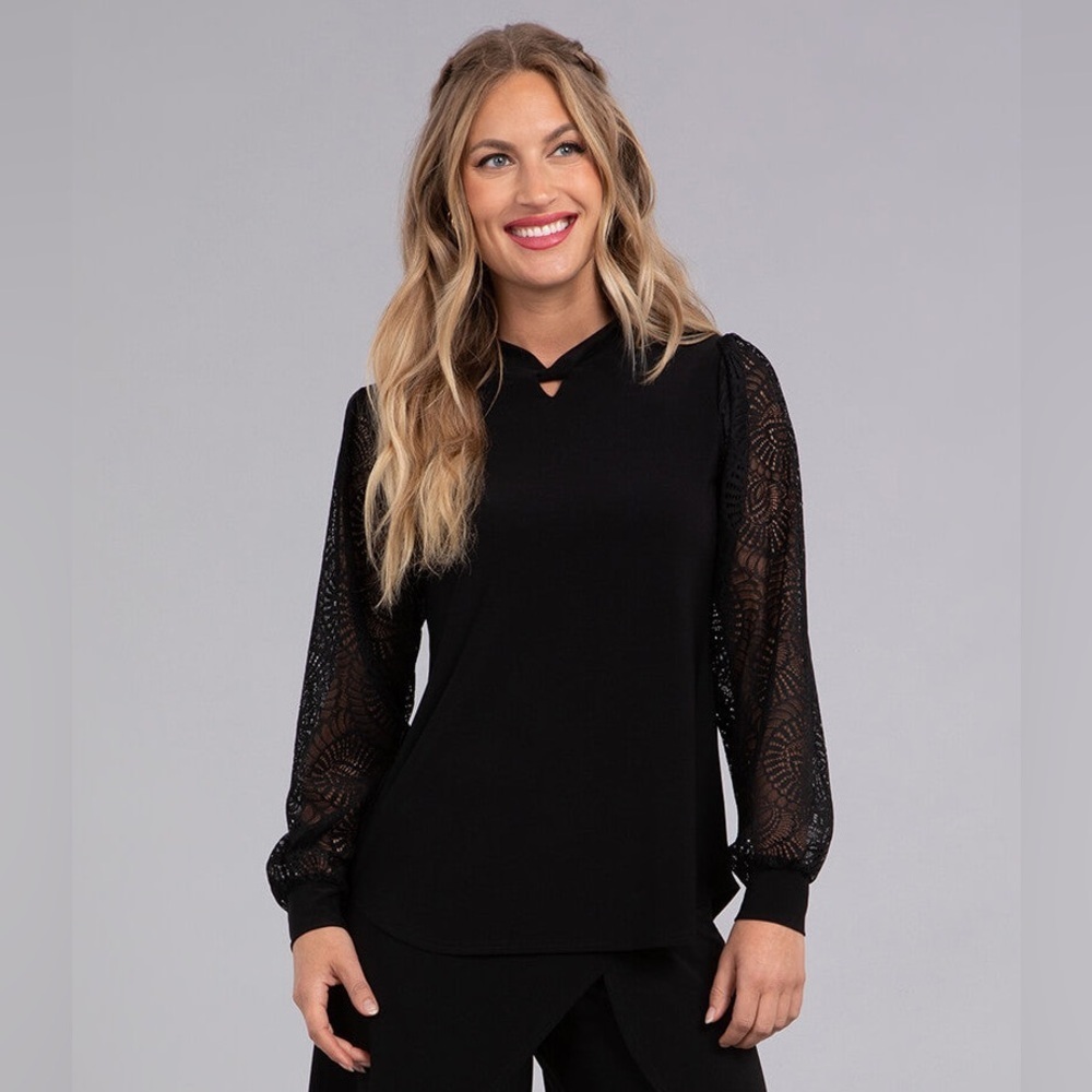 SYMPLI Mix Lace Twist Neck Chic Long Balloon Sleeve Black Blouse 32453 NWT Sz 12